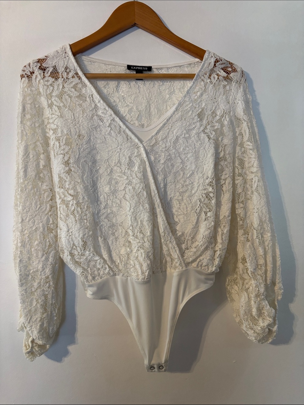 Express Cream Lace Surplice Bodysuit with Sheer Long Sleeves